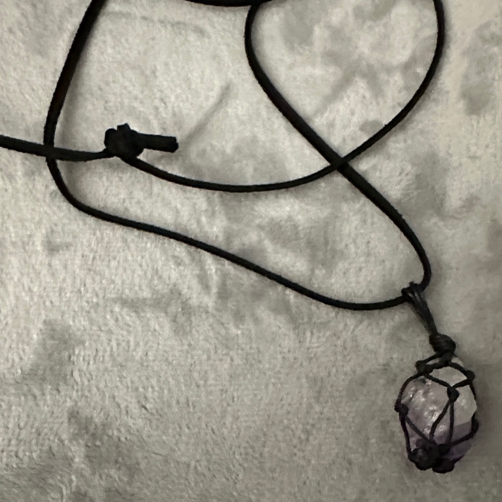 Black Cord Necklace with Amethyst color Stone Pendant